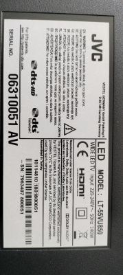 Back label of a JVC LED TV, model LT-55VU850, showing serial numbers and CE/HDMI markings