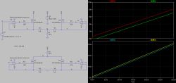Schemat LTspice z MOSFET-ami i opampami oraz dwa wykresy prądu Id w funkcji V(a).