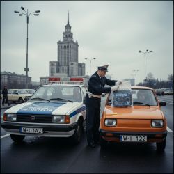Policeman shows Arduino board to driver in orange Fiat 126p in front of Palace of Culture