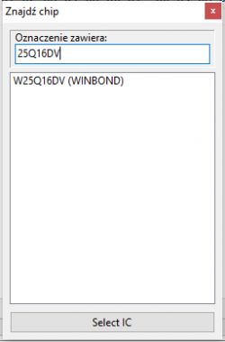 Okno dialogowe z polem Oznaczenie zawiera i listą rozwijaną zawierającą układ W25Q16DV (WINBOND).