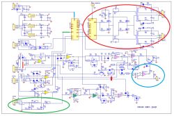 Schemat elektroniczny z zaznaczonymi kolorami obszarami, strzałką i opisanymi elementami układów sterujących spawarki Magnum MIG200MMA.