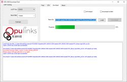 Screenshot of the OPL1000 Download Tool showing UART settings and download progress.