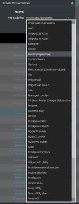 Screenshot showing sensor type selection options in Domoticz software.