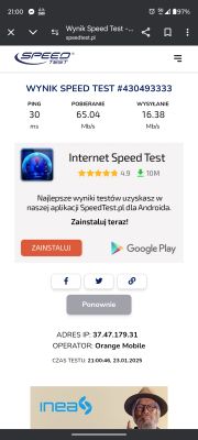 Zrzut ekranu ze strony speedtest.pl pokazujący wyniki testu prędkości Internetu.