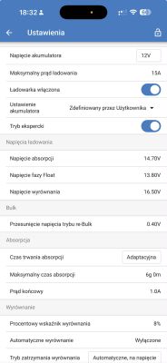Zrzut ekranu aplikacji Victron: ustawienia MPPT dla akumulatora 12 V i napięć ładowania