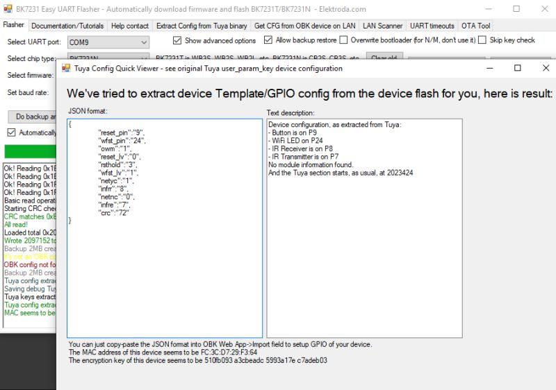 GPIO configuration window extracted from Tuya device memory in flasher software