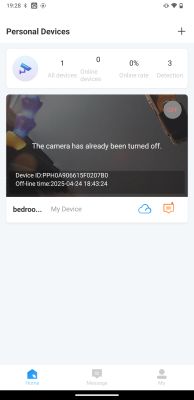 App interface showing one security camera, which is currently turned off.