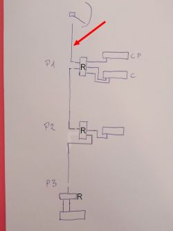 Ręczny szkic instalacji z P1–P3, rozgałęźnikami „R” i strzałką wskazującą pionowy kabel