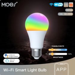 Moes 14W RGB C+W E27 Smart Bulb Moes 14W RGB C+W E27 smart bulb with Wi-Fi control features.