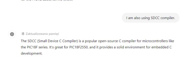 Ekran rozmowy z ChatGPT, który pamięta informacje o kompilatorze SDCC.