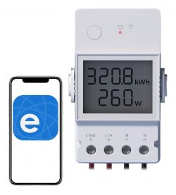 Energy consumption meter displaying 320.8 kWh and 260 W with a phone app.