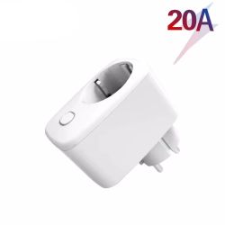 20A Smart Electrical Socket White smart electrical socket with a button, rated for 20A load.
