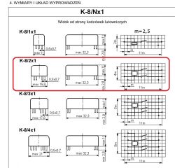 Schemat wyprowadzeń przekaźnika K-8/Nx1 z różnymi konfiguracjami.