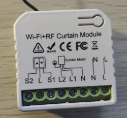 Wi-Fi and RF curtain control module with visible connectors and labels.