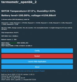 Screenshot of the OpenBK thermometer interface showing SHT3X parameters and device status.