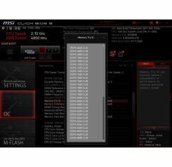 Zrzut ekranu z BIOS-u MSI Click BIOS 5 z otwartym menu Memory Try It! i listą ustawień DDR5 RAM.