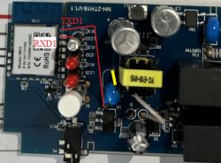 PCB with WB3S module, capacitors, and connectors, with TXD1 and RXD1 pins highlighted.