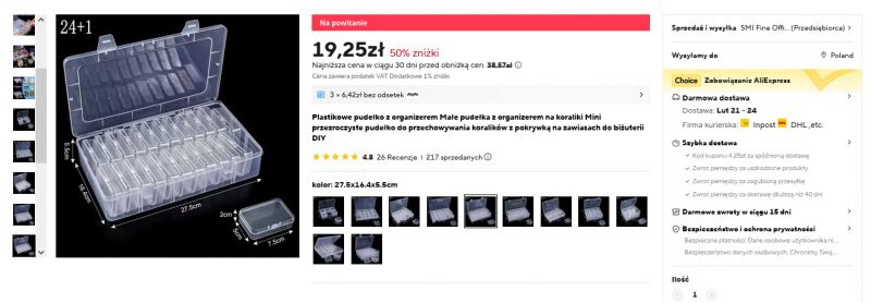Plastikowe pudełko z organizerem na koraliki, ze zdejmowaną pokrywką i przegródkami