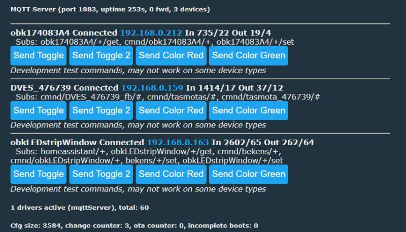 Screenshot of an MQTT Server dashboard listing 3 connected devices and blue test buttons like “Send Toggle” and color sends.