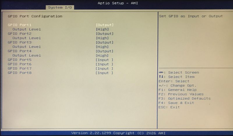Ekran BIOS Aptio Setup AMI z ustawieniami konfiguracji portów GPIO (wejście/wyjście, poziom High).