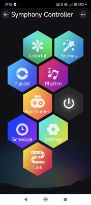 Symphony Controller App Main Screen Symphony Controller app screen with hexagonal menu items.