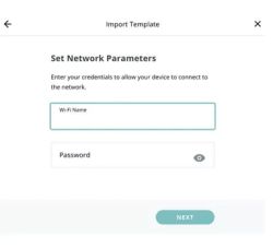 Ustawianie parametrów sieci Wi-Fi w kreatorze Arduino Okno konfiguracyjne z polami do wpisania nazwy sieci Wi-Fi i hasła podczas ustawiania parametrów sieci.