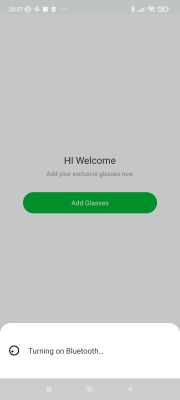 Ekran aplikacji mobilnej INMO Glass z powitaniem i opcją dodania okularów.