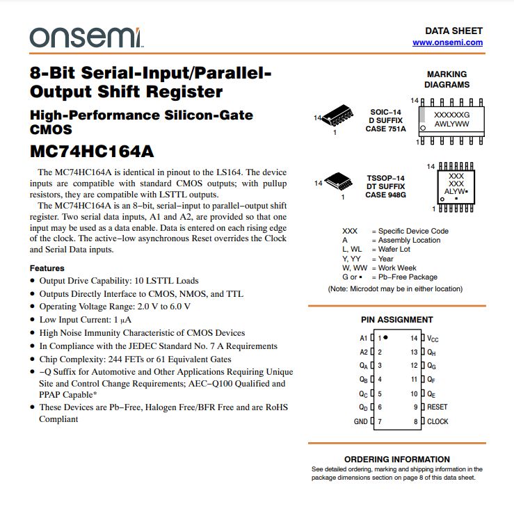 MC74HC164A Datasheet MC74HC164A shift register datasheet