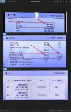 Zdjęcia panelu sterowania pompy ciepła z widocznymi wskazaniami zużycia energii i powiadomieniami o problemach z napięciem.