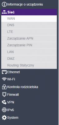 Menu ustawień sieciowych z opcjami takimi jak WAN, DNS, LTE.