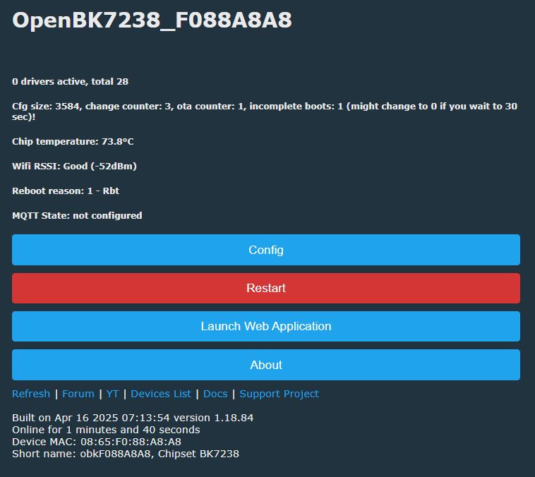 Main interface of the OpenBK7238 web panel with device information and configuration options.