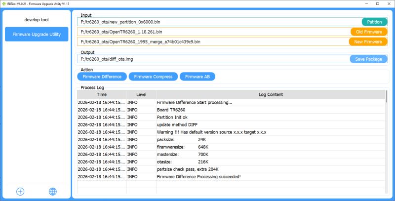 Screenshot of RDTool showing TR6260 firmware diff inputs, output path, and a process log