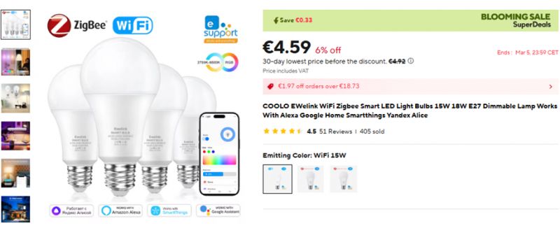 Advertisement for COOLO EWeLink WiFi Zigbee smart LED light bulbs, 15W and 18W.