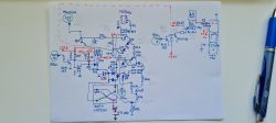 Odręczny schemat układu elektronicznego z opisami i kolorowymi oznaczeniami