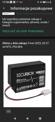 Czarna bateria żelowa SECURBOX 12V 0.8Ah z widocznym przewodem zakończonym białą złączką.