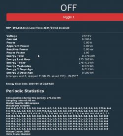 Electric energy measurement screen showing consumption and power values.