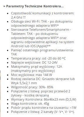 Technical Specifications of LED Controller FUT036 Technical specifications of the LED controller FUT036.
