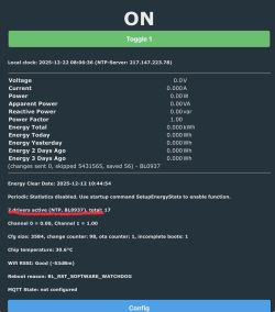 Power device status screen with active switch and zero energy readings
