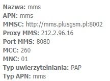 Screenshot of MMS configuration settings displaying APN parameters and other details.