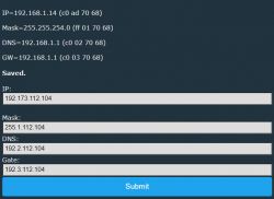 A screenshot of a network settings form displaying saved IP addresses, mask, DNS, and gateway with suspicious values.