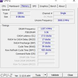 Zrzut ekranu z programu CPU-Z, przedstawiający szczegóły pamięci RAM w laptopie Lenovo.