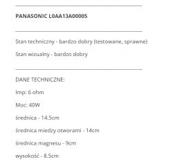 Dane techniczne głośnika Panasonic L0AA13A00005