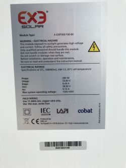 Etykieta modułu EXE Solar A-EXP285/156-60 Etykieta modułu solarnego EXE Solar A-EXP285/156-60 z parametrami elektrycznymi.