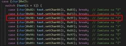 Code snippet showing character replacement instructions with comments.
