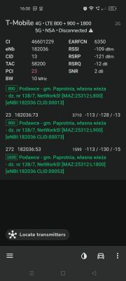 Zrzut ekranu z aplikacji pokazującej dane o sieci T-Mobile, łączności LTE i poziomach sygnału w lokalizacji Podawce.