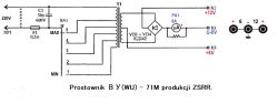 Schemat elektryczny prostownika B Y(WU) – 71M ZSRR z wyjściami 6V, 12V i amperomierzem.