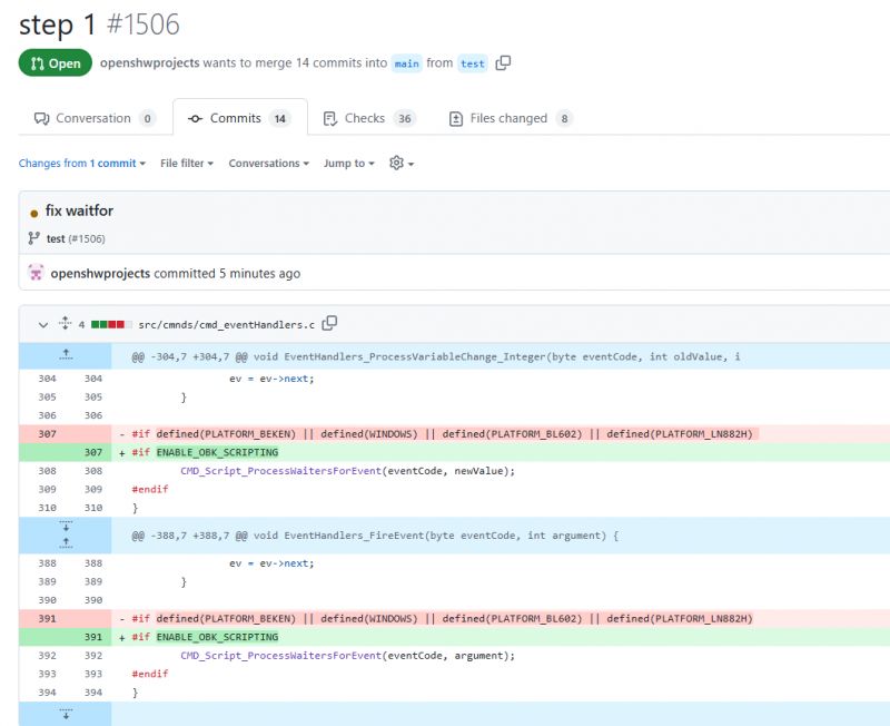 Screenshot of a pull request on GitHub concerning a fix for the waitFor function.