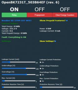 User interface of the OpenBK7231T device with various current settings and values.