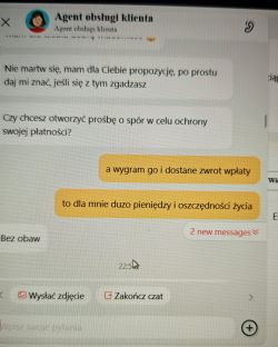 Zrzut ekranu czatu z agentem obsługi klienta na AliExpress, omawiający zwrot pieniędzy.