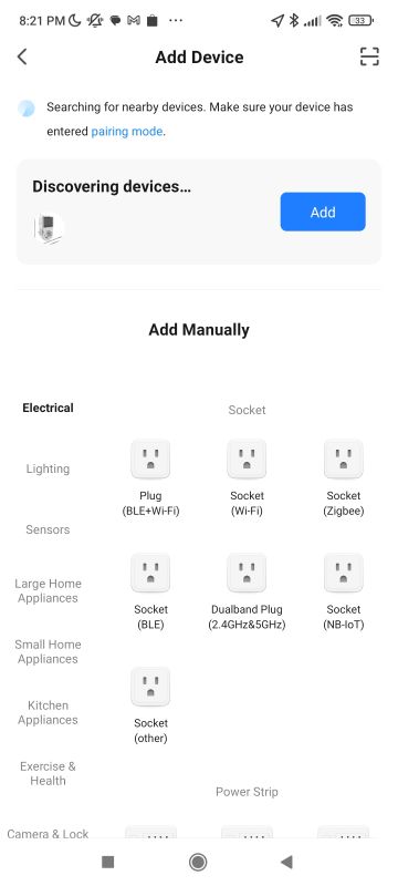 Device Addition Screen in Mobile App App screen for adding a new device with various socket and sensor options.